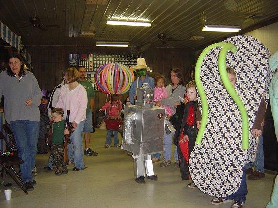Children and families in costumes at the 2007 New Albany children's Halloween party.