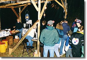 Free hotdogs and hot coa-coa. This photograph is from the 1998 Haunted Hayride.